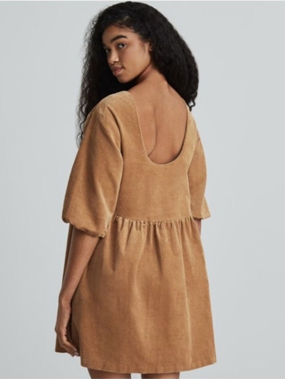 Everlane The Corduroy Mini Dress in Biscotti Puff Sleeve, Size S.